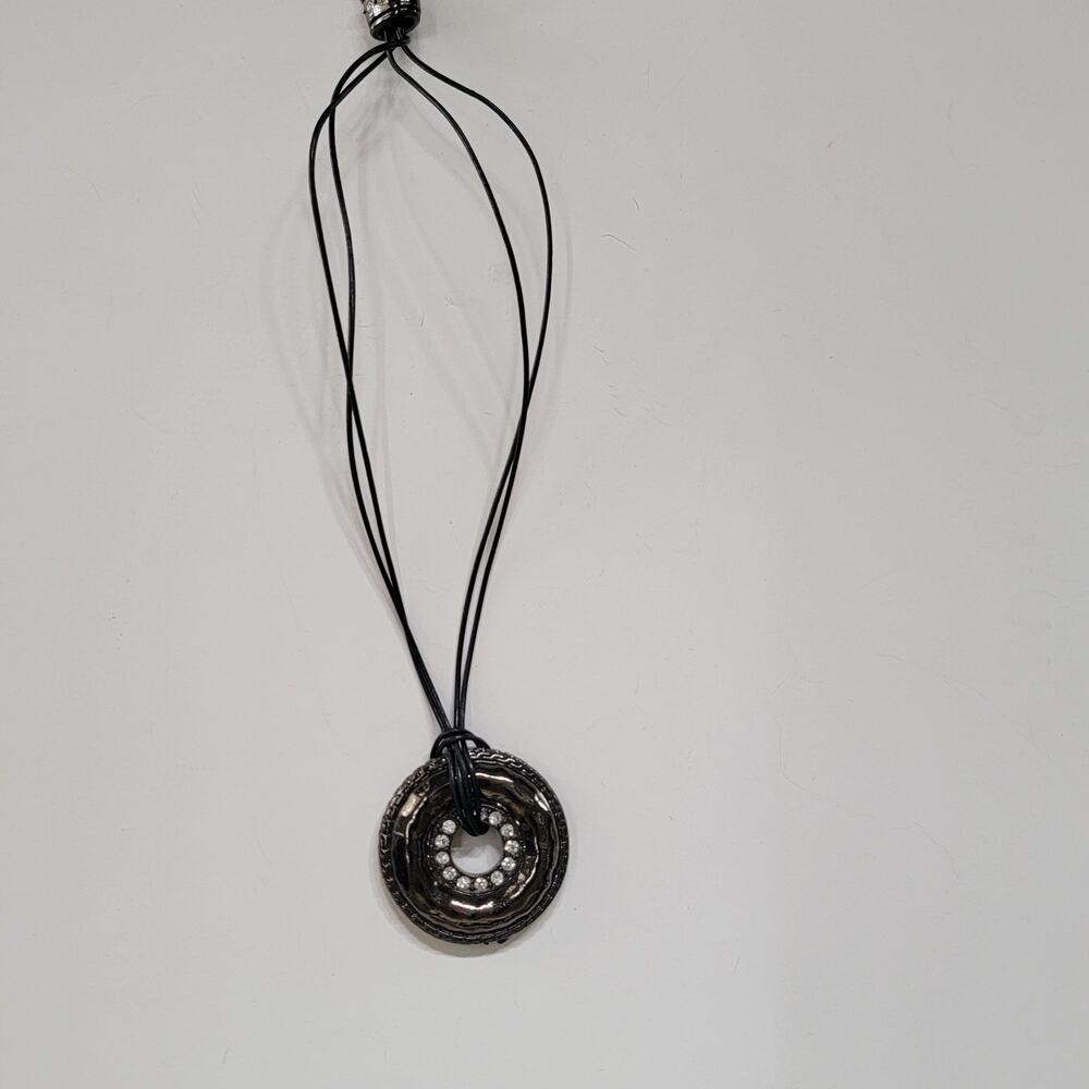 Vintage Black Round Pendant Necklace Crystal Rhinestones on Cord Chain Jewelry